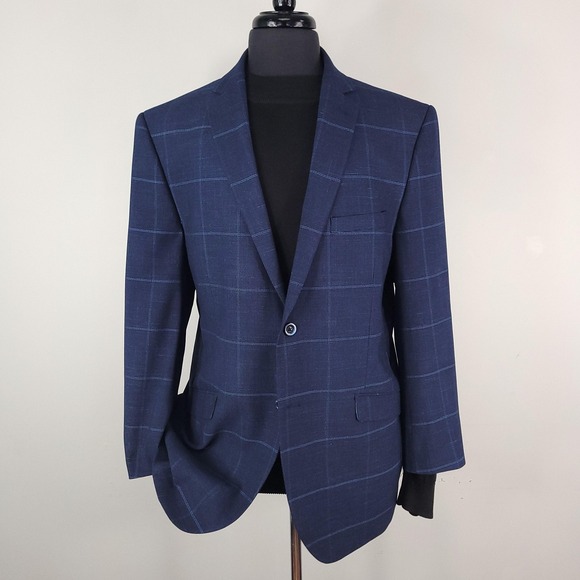 Madison Blazer Mens 46R Navy Windowpane Modern Fit Sport Coat Jacket 2 Button - Picture 1 of 14